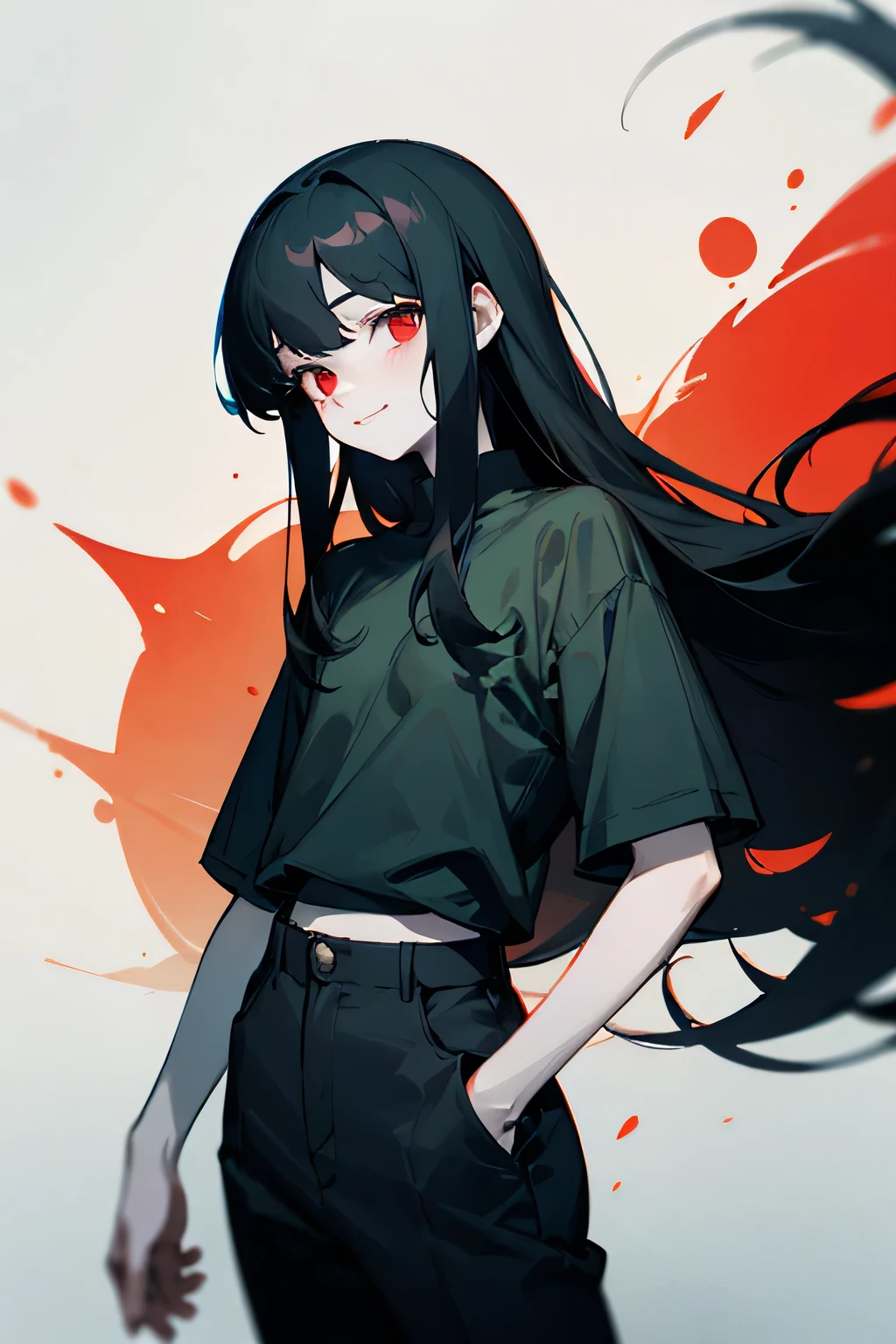 A with long black hair,dead red cold eyes,pale skin,and wears a dark green shirt and black pants. ,and 5'5. A innocent,and cute smile.