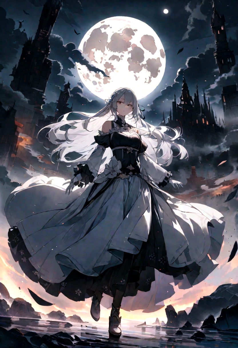 Fantasyで大きく光り輝く満月, Very big full moon、 A woman with long silver hair holds a sword and glares at her opponent., hatred、Fantasy、masterpiece, Highest quality, night, ,A moving scene from a famous work , Imagination、Narrative、Impressive work、Fantasyな満月と雲のコラボレーション、4ｋ、beautiful、非常にbeautiful、beautifulことが一番