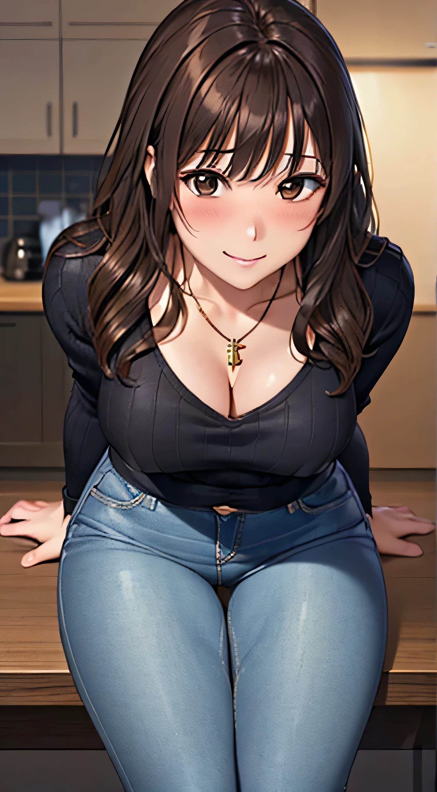 ((Tabletop, Highest quality, High resolution, , Pixel Perfect, 4K,))), 1 female, 、The whole body is visible、 ((Long Wavy Hair, bangs, Brown Hair)), ((Brown eyes, Beautiful eyelashes, Realistic eyes)), ((Detailed face, Blushing:1.2)), ((Smooth texture:0.75, Realistic texture:0.65, Realistic:1.1, Anime CG Style)), Medium sized breasts, Dynamic Angle, Perfect body, (( , , Light beige sweater、No bra、、 Tight jeans pants、、、)), Gold Hair Ornament、Cross Necklace、、Very embarrassing panic smile, 、、、、、、Nipples are slightly visible、Looking up、、sitting on top a table、、Luxury apartment kitchen、、、、、、 、)、