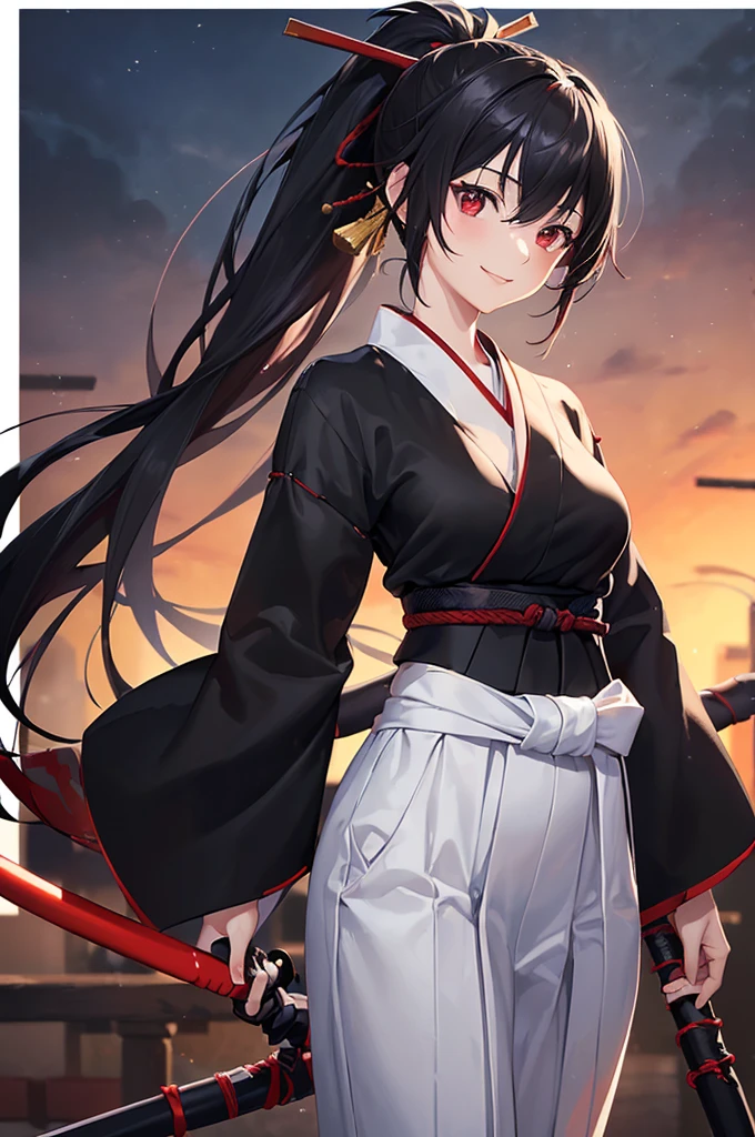 (masterpiece; best quality: 1.2), (finely detailed eyes: 1.3), ((25 year old woman)), ((solo)), (red eyes: 1.4), (body; lithe, slender, femenine: 1.3), (black hair in ponytail: 1.3), (beautiful and clear background: 1.2), ((depth of field)), (clothes: ronin attire + white kosode + black hakama + red sash: 1.3), (anime illustration: 1.2), (background composition; kendo dojo + night time: 1.1), (extremely fine and beautiful: 1.1), (shot composition; standing + centered on torso + close-up: 1.5), (expression; calm, smile: 1.2)