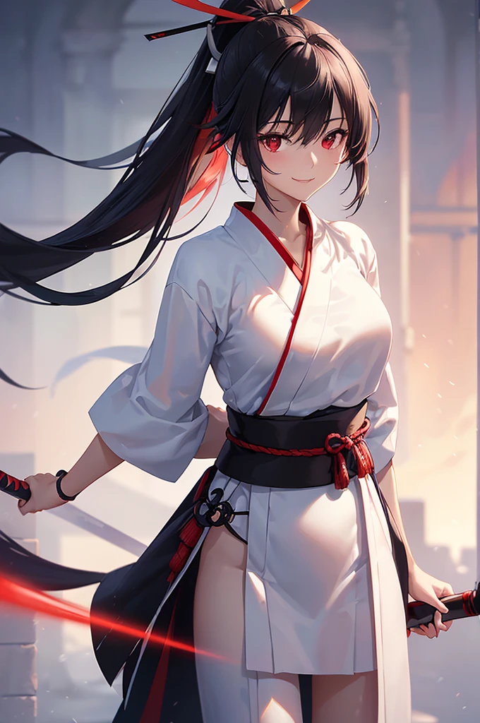 (masterpiece; best quality: 1.2), (finely detailed eyes: 1.3), ((25 year old woman)), ((solo)), (red eyes: 1.4), (body; lithe, toned, femenine: 1.3), (black hair in ponytail: 1.3), (beautiful and clear background: 1.2), ((depth of field)), (clothes: ronin attire + black-and-white hakama + red sash: 1.3), (anime illustration: 1.2), (background; old japanese castle exterior + night time: 1.1), (extremely fine and beautiful: 1.1), (shot composition; standing + centered on torso + close-up: 1.5), (expression; calm, smile: 1.2)