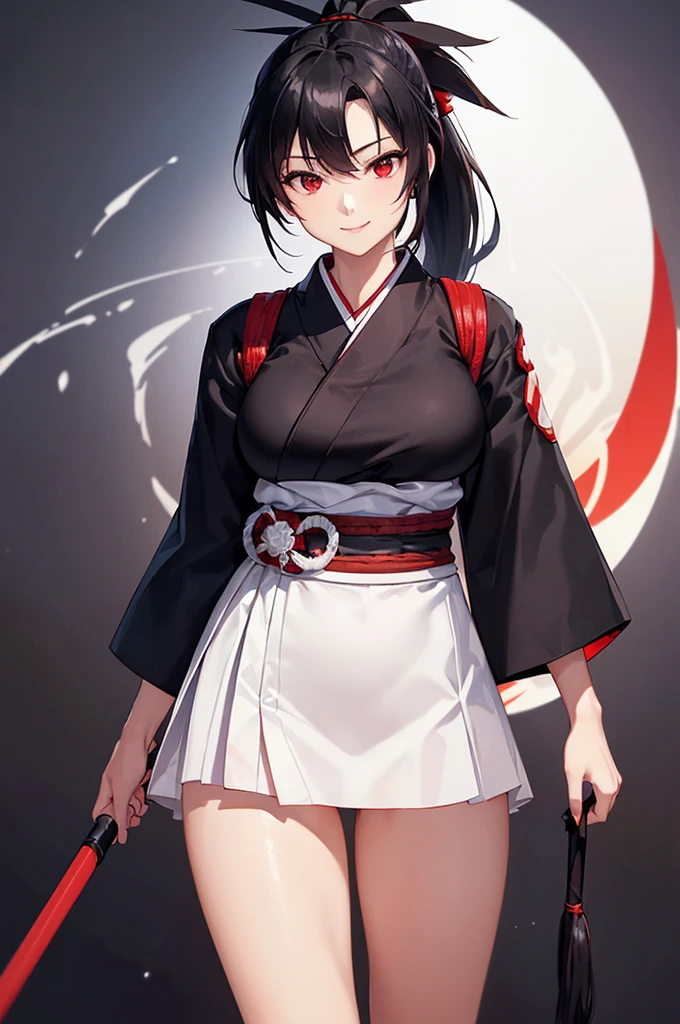 (masterpiece; best quality: 1.2), (finely detailed eyes: 1.3), ((25 year old woman)), ((solo)), (red eyes: 1.4), (body; lithe, slender, femenine: 1.3), (black hair in ponytail: 1.3), (beautiful and clear background: 1.2), ((depth of field)), (clothes: ronin attire + white kosode + black hakama + red sash: 1.3), (anime illustration: 1.2), (background composition; kendo dojo + night time: 1.1), (extremely fine and beautiful: 1.1), (shot composition; standing + centered on torso + close-up: 1.5), (expression; calm, smile: 1.2)