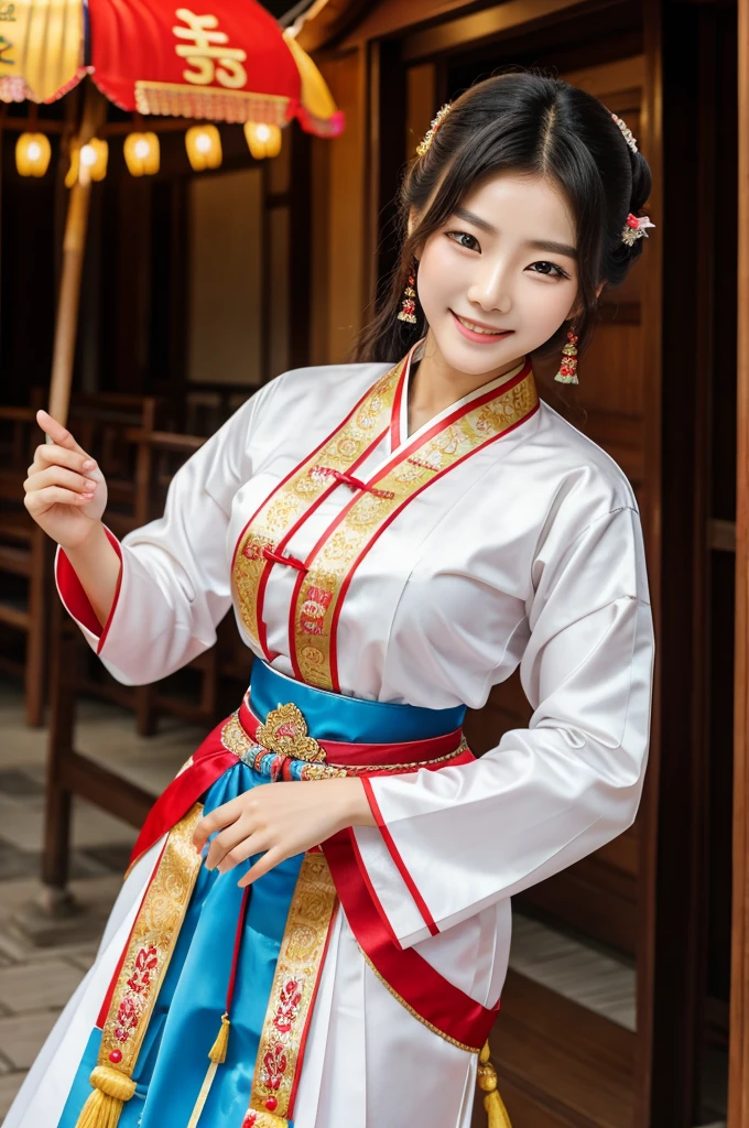 Korean women wearing his traditional dress and dancing with smiles