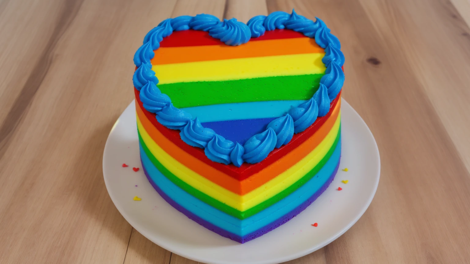 on a wooden table, there is a rainbow cake in the shape of a heart, top blue cream wave, cream texture, Realistic style, realistic texture, bright lighting, high quality, detailed texture, Beautiful light from the window, beautiful lighting, high detail, ultra 4k hd, super clear photo without blur 