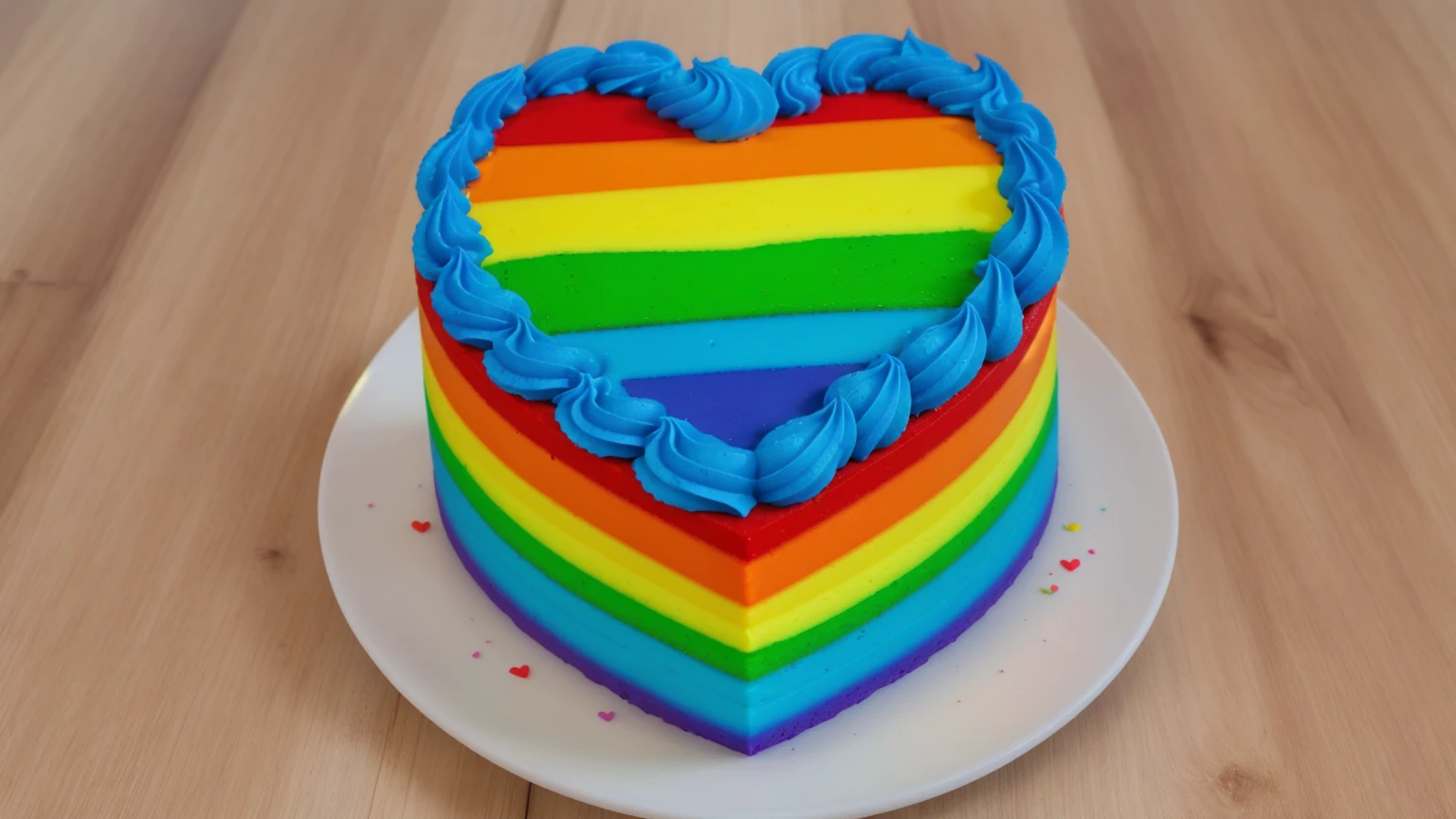 on a wooden table, there is a rainbow cake in the shape of a heart, top blue cream wave, cream texture, Realistic style, realistic texture, bright lighting, high quality, detailed texture, Beautiful light from the window, beautiful lighting, high detail, ultra 4k hd, super clear photo without blur