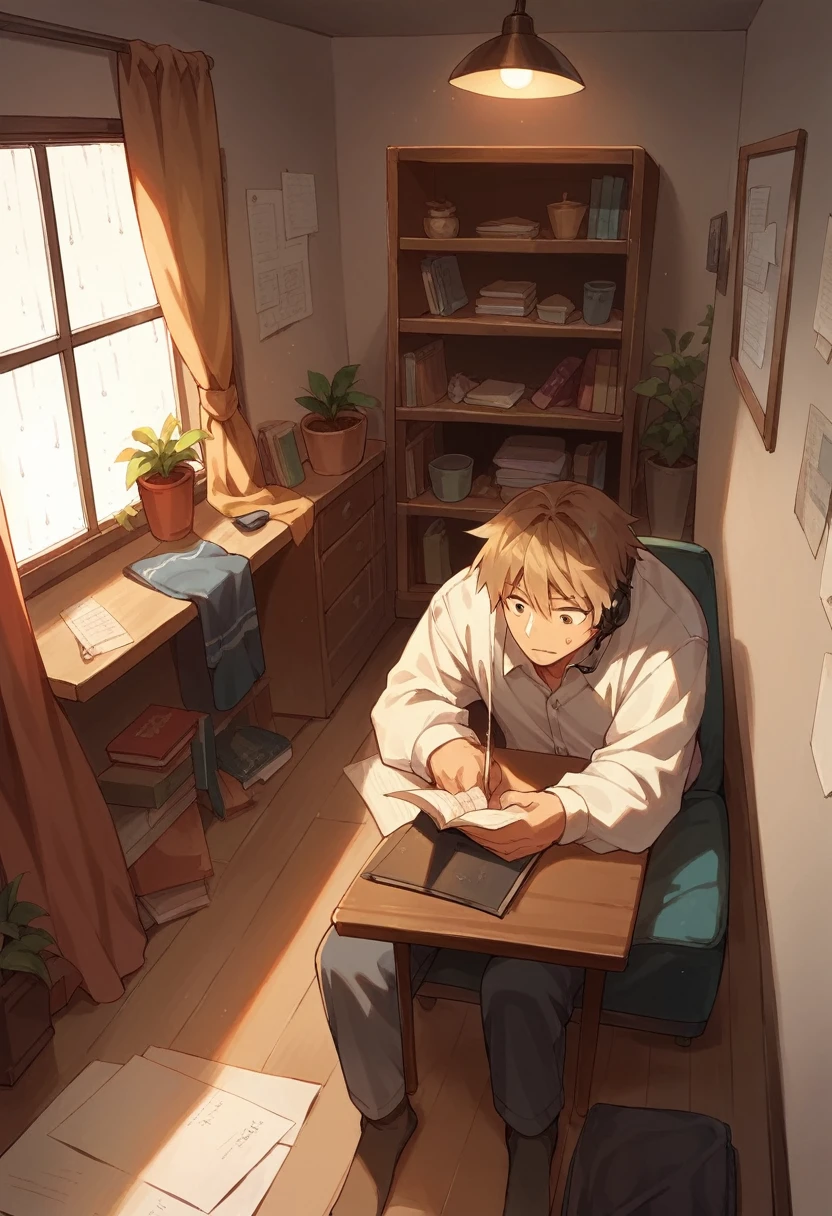 Lofi style room, natta , rain through the window, de natta , Boy in Cap Studying With Face, Headset and Notebook