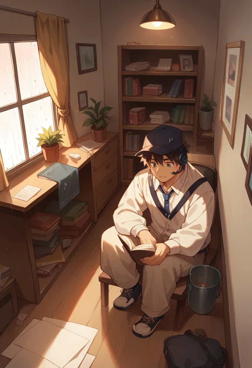 Lofi style room, natta , rain through the window, de natta , Boy in Cap Studying With Face, Headset and Notebook