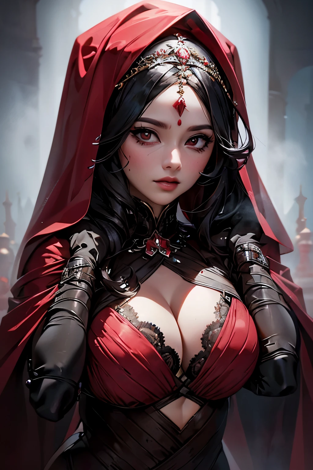 a chubby elegant woman in a red veil covering her eyes, fingers on her lips, long red nails, black background, photo-realistic, high quality, intricate details, oil painting, dramatic lighting, muted colors, mysterious atmosphere