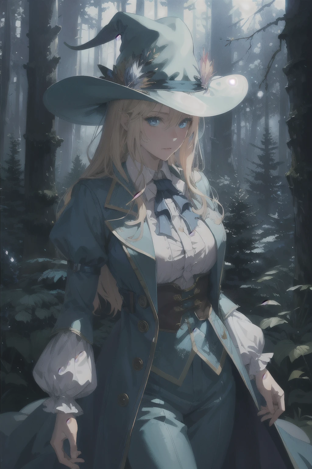 magic forest, highres, highest quallity, ultra detailed, (detailed face), (detailed eyes), best quality, hazy glow, masterpiece, 1girl, solo, Alice in wonderland, blonde hair, blue eyes, long coat, confident, sexy, luminous eyes, medium breasts, (colorful), cowboy shot, tall trees in background