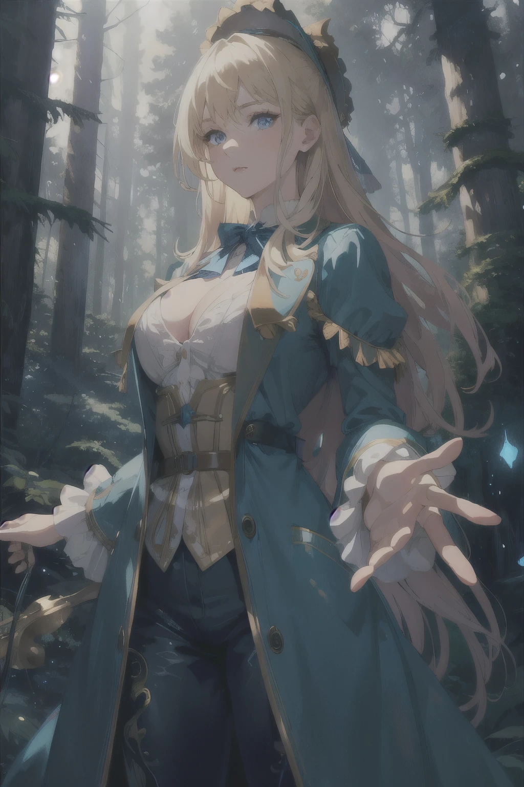 magic forest, highres, highest quallity, ultra detailed, (detailed face), (detailed eyes), best quality, hazy glow, masterpiece, 1girl, solo, Alice in wonderland, blonde hair, blue eyes, long coat, confident, sexy, luminous eyes, medium breasts, (colorful), cowboy shot, tall trees in background