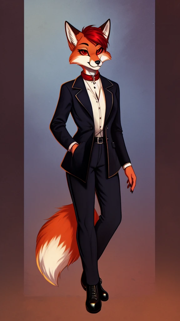 Solo female,Furry,Fox ,Red fox,Dark red feathers,Fox,Black fox ears with red tips,Red eyes with black skeral,Vintage style,Short hair ,with wavy dark red tips,A long jacket with a dark red collar,white shirt,With a clock on it black tie, black trousers, dark red fluffy fox tail,