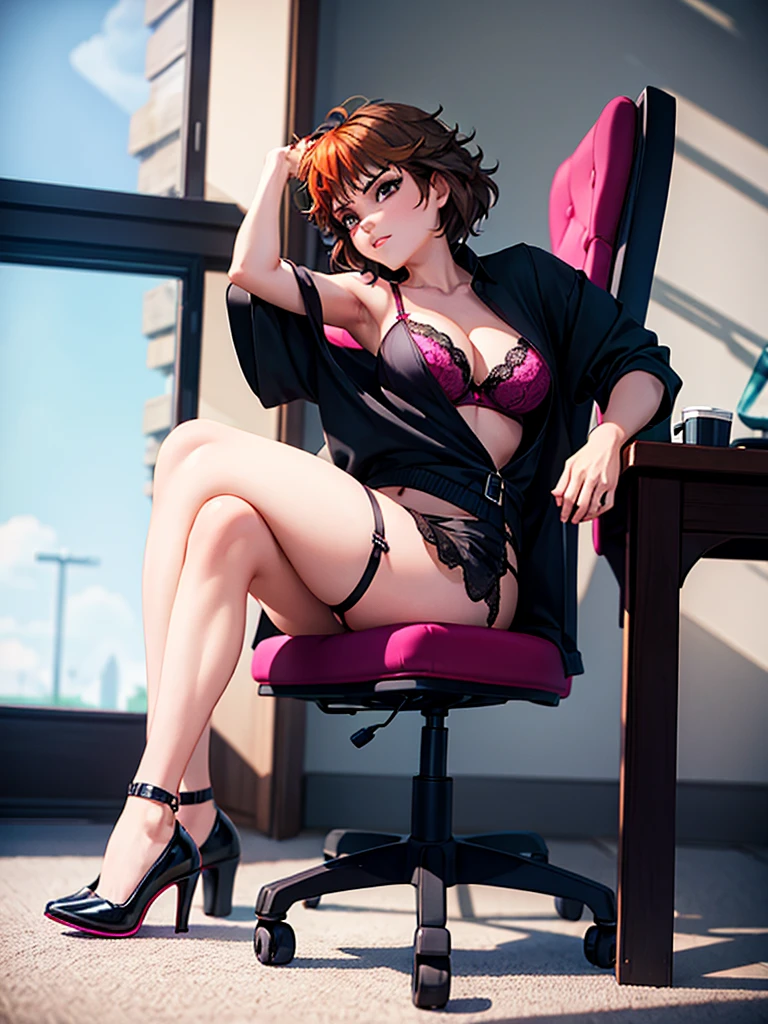 merula, sitting on a chair with her legs up, gaming chair, sexy pose, sitting pose, pink high heels , legs up, side view, sexy bra, sexy panties