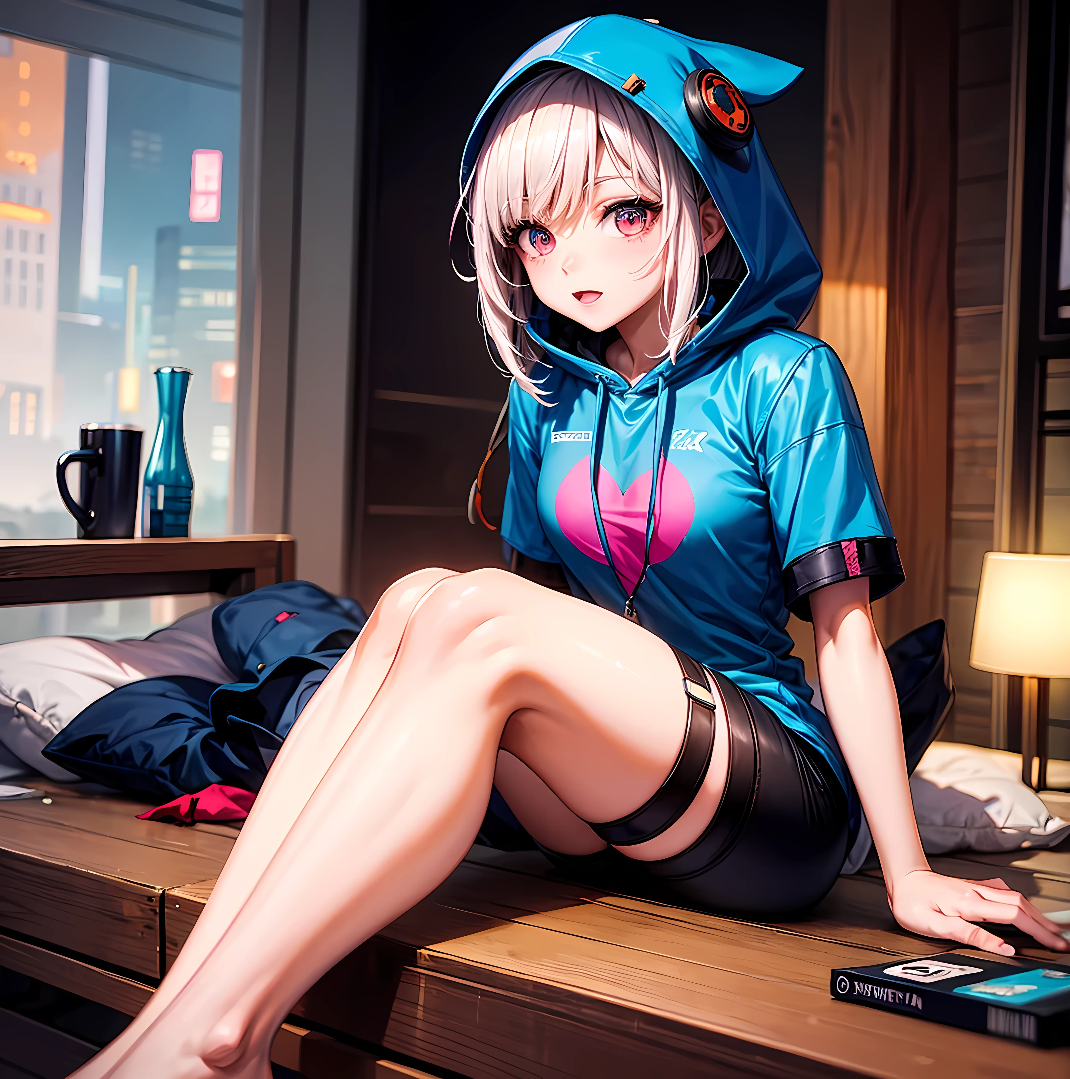  Arapei lying in bed with colorful background。Guwiz Style Cyberpunk Anime Girl Cosplay Art，Artist Lu Dongjun，Created by Yang J.，Tronco Ross 8K，Guvitz at Pisif art station。Sakimican Frank Franzeta assists in creative conception。Anime girls wear hooded shirts。