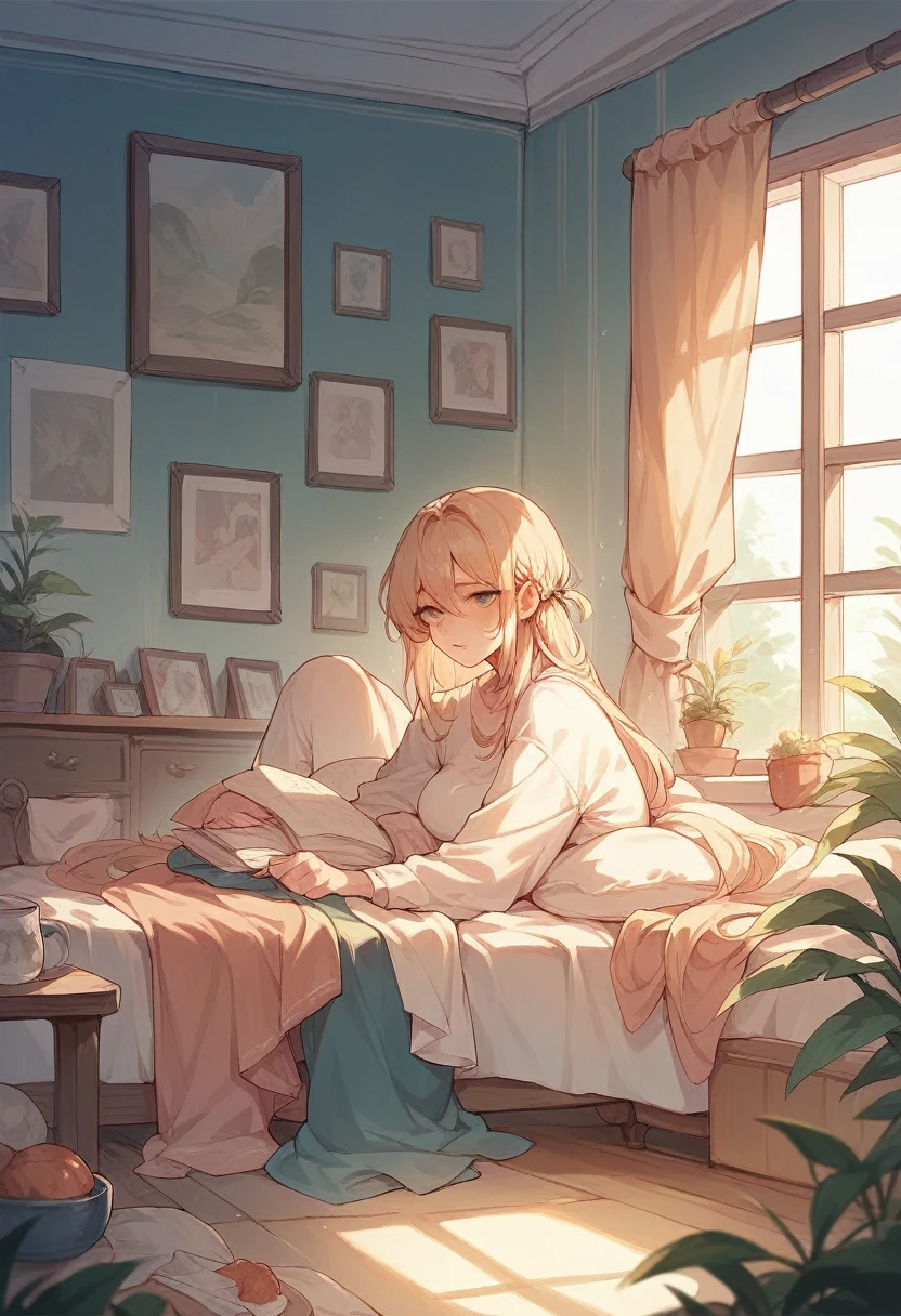 woman indoors, while it's raining outside