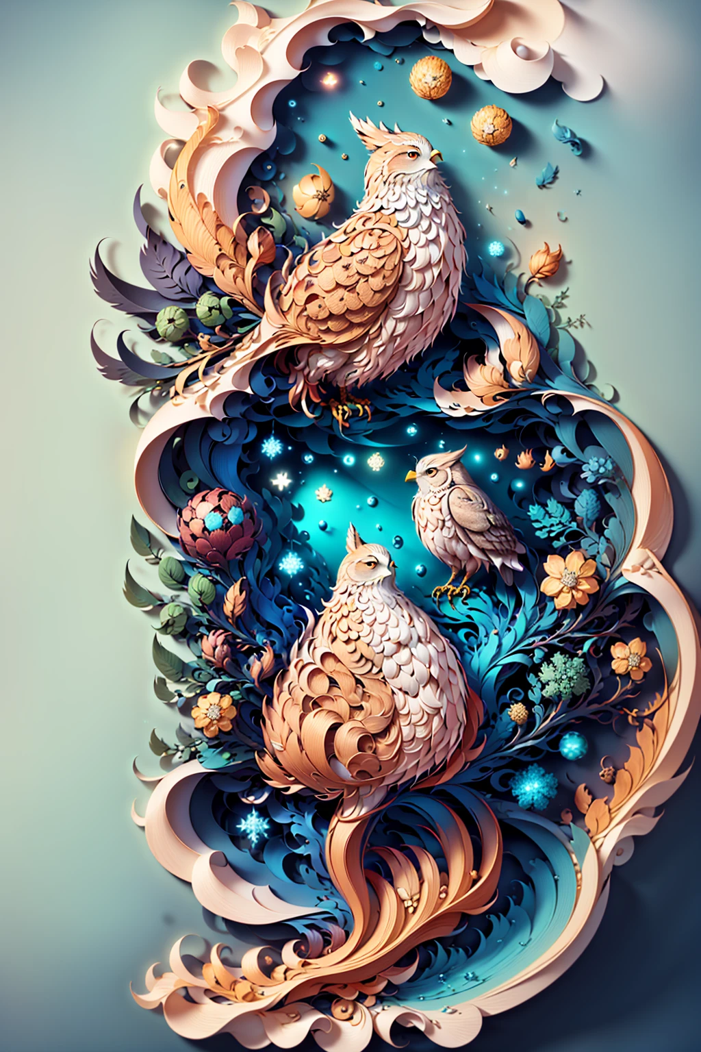 (((work of art))),best qualityer,illustration,beautifuldetailsgloss, paper_cut-in, owlship, Tree,moonligh,
