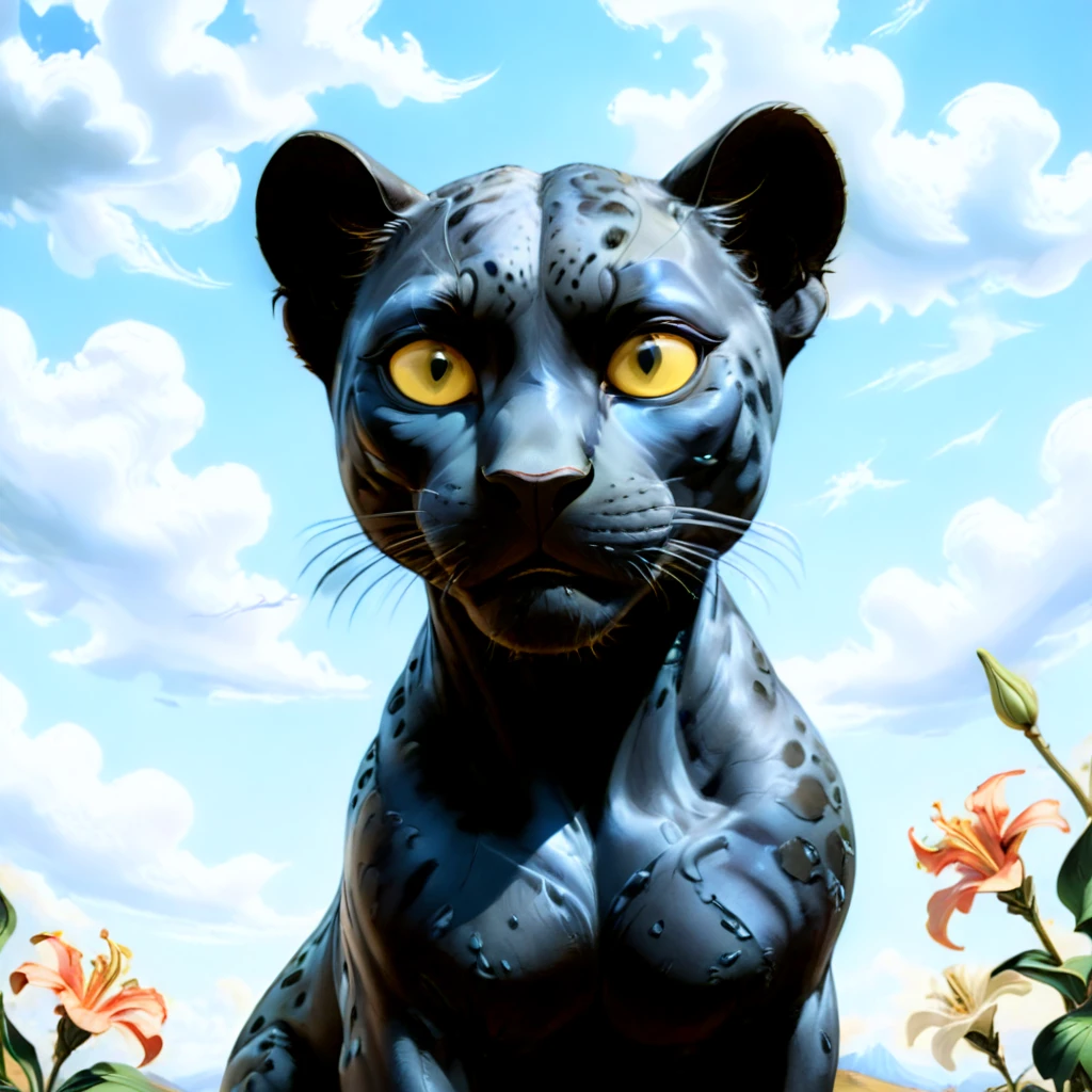a realistic painting, a big black panther, lilium michiganense, sunny day, few clouds, (style salvador dali:1.1), (hyperrealistic:1.2), (photorealistic:1.37), (masterpiece:1.2), high quality, vibrant colors, dramatic lighting, detailed texture, intricate patterns, surreal elements, dreamlike atmosphere, striking composition, dramatic shadows, vivid details, cinematic framing, oil painting, hyper detailed, ultra realistic