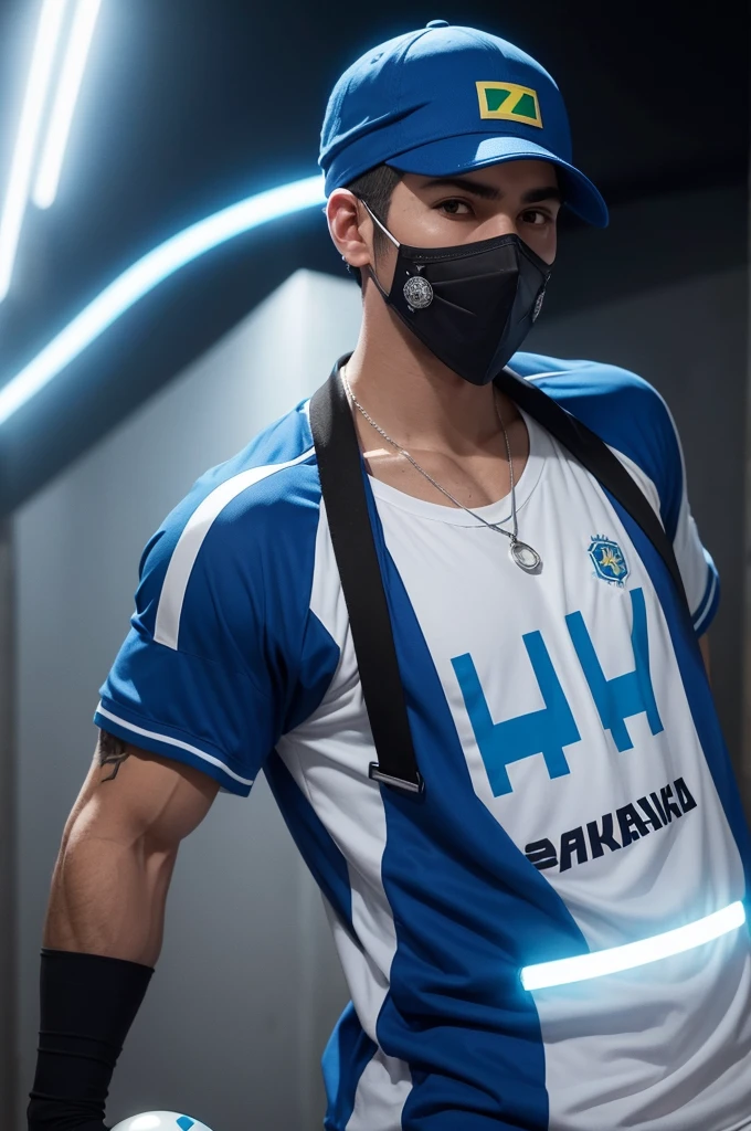 I want a male character with a blue cap, lights coming out of his eyes, a black mask and a little white ball at the tip of the mask and a silver chain Brazilian team shirt with the pendant written Free fire and putting the name Free fire at the bottom 