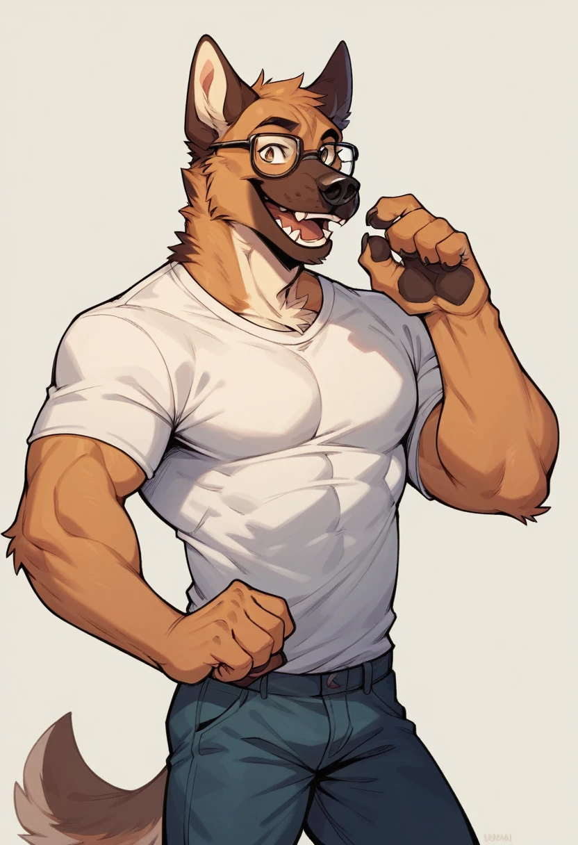 (masterpiece, 4K, ultra detailed), bear furry, masculine, athletic, lean, dark brown hair, short haircut, illustration, simple colors, white background, brown fur, beige belly fur, cute, shy, blush, teen, anime, blue eyes, loose red boxers, bulge, black glasses