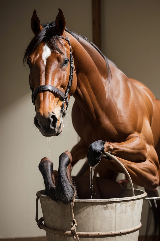 An image of an extremely muscular horse jerking off and cumming in a cum bucket on a barn