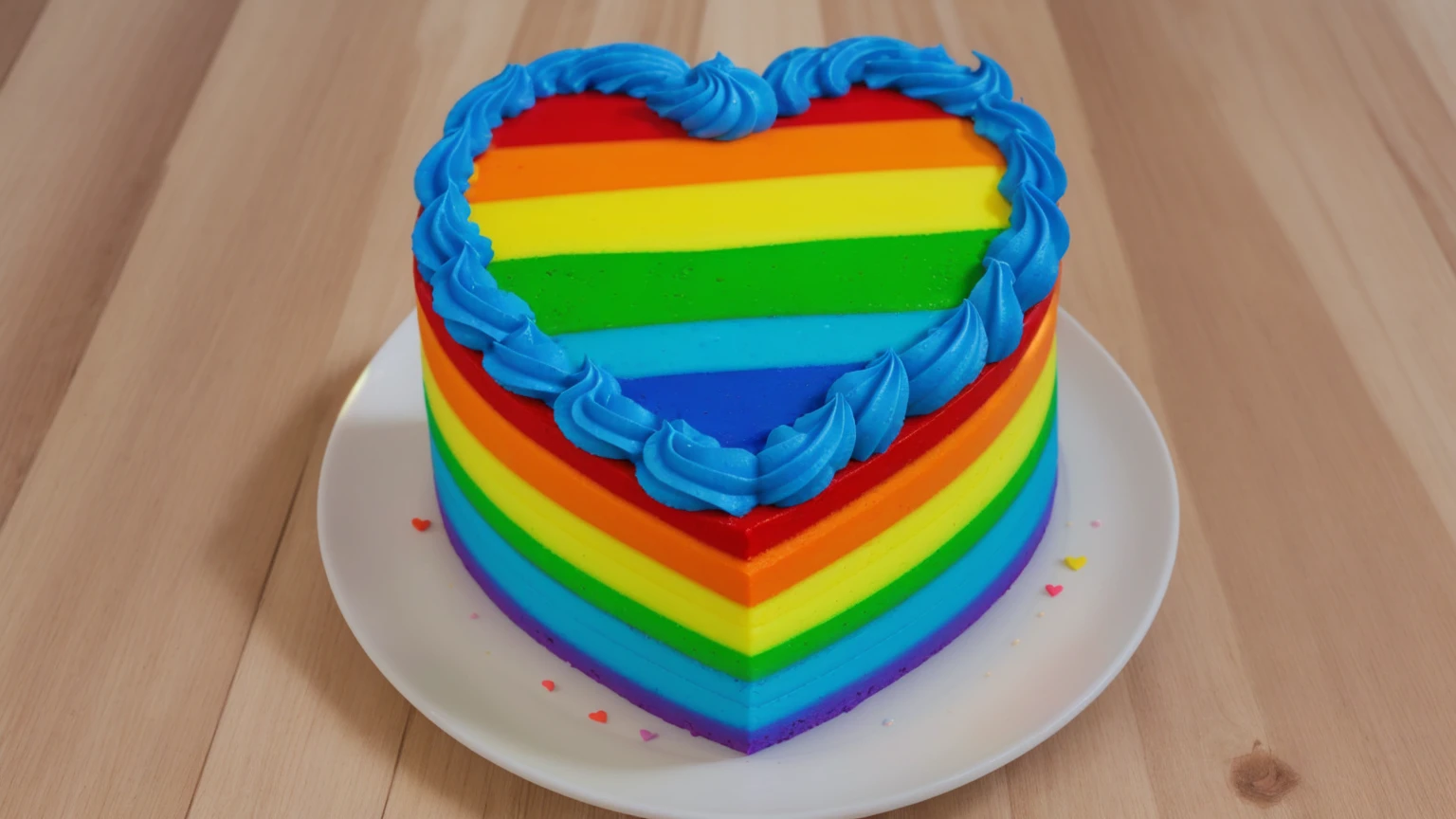 on a wooden table, there is a rainbow cake in the shape of a heart, top blue cream wave, cream texture, Realistic style, realistic texture, bright lighting, high quality, detailed texture, Beautiful light from the window, beautiful lighting, high detail, ultra 4k hd, super clear photo without blur