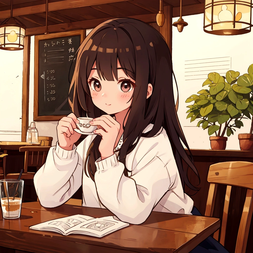 Cute girl studying alone in cafe