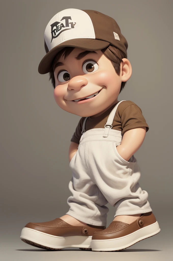 I want a character inspired by the fun Disney Pixar film, let it be high, plumpness, Platform gray Crocs, with brown shirt, off tone pants, brown cap, Let it be on a white background