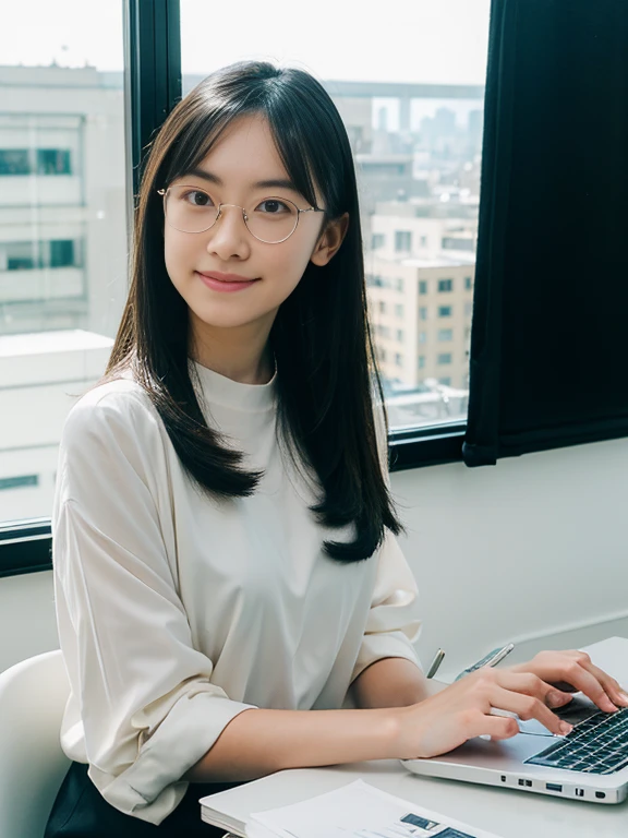 (RAW Photos, Highest quality), (Glasses), masterpiece, Natural light, 1 Girl, Smooth Hair、office, desk, laptop, casual, work, smart, professional, Coffee cup, deskランプ, City Window, sunlight, Natural light, modern, Minimal, head shot