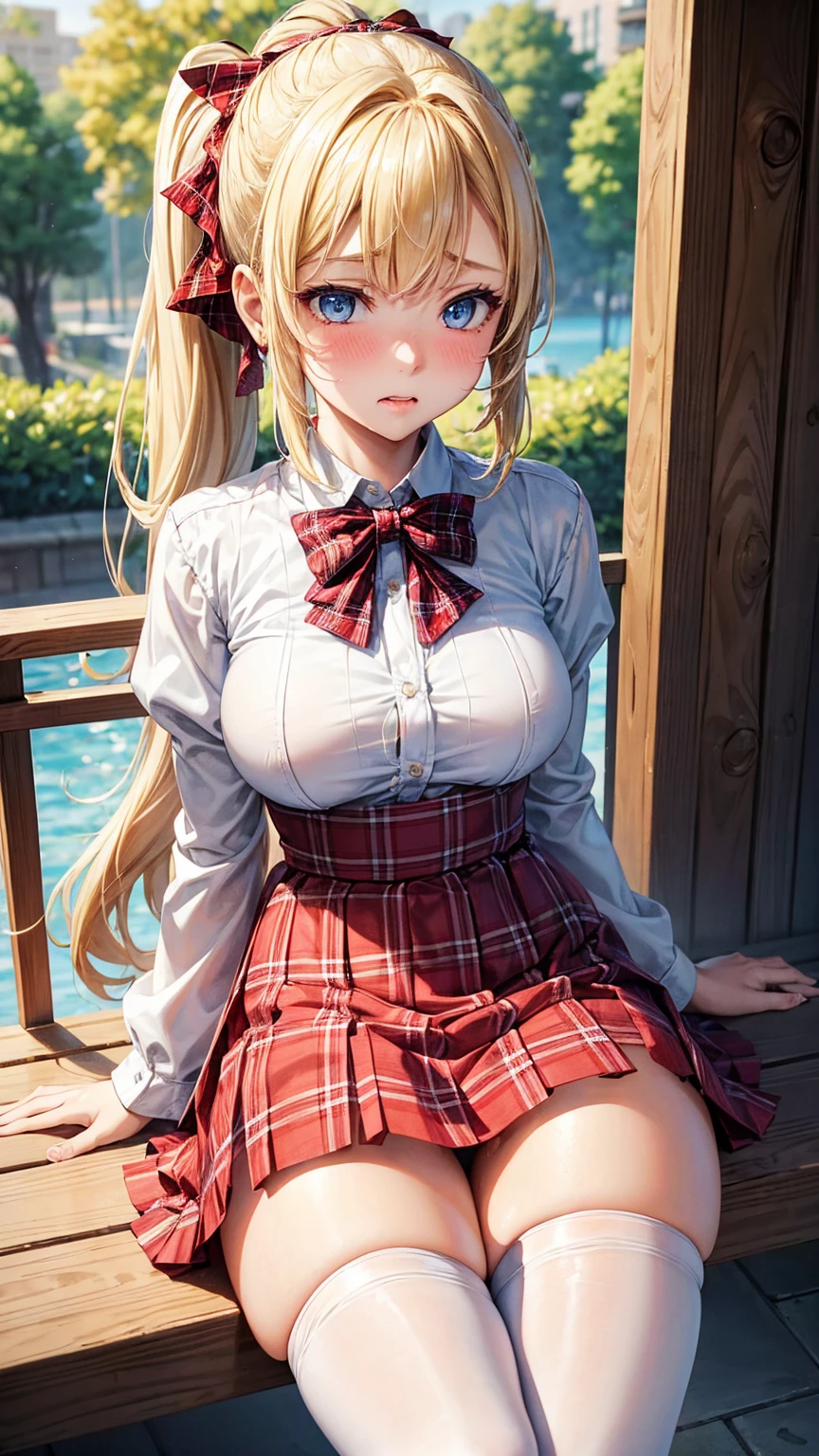 1girl,masterpiece,best quality,blonde hair,(ponytails),blue eyes,(white stockings),(red plaid skirt),medium breasts,extremely detailed,cum in pussy,cum dripping,embarrassed face,legs spread,