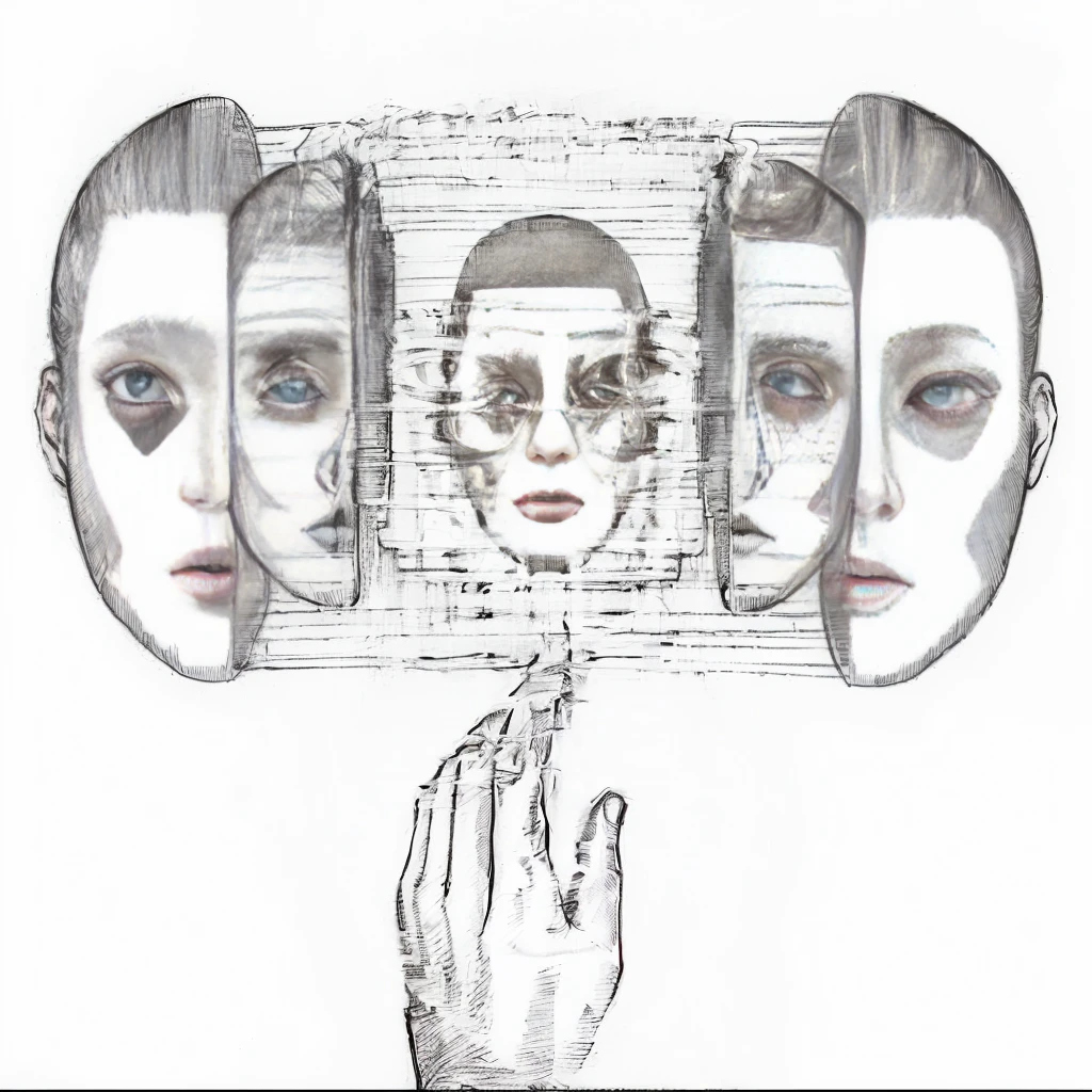 a drawing of a hand touching a drawing of a face, with multiple eyes, symmetrical portrait science fiction, be transparent holographic, multiple eyes, sketch of a lucid dream, Symmetrical illustration of faces, symmetrical face concept art, multiple perspectives, surreal drawing, multiple faces, by Junji Ito, cyber faces, many eyes in the head