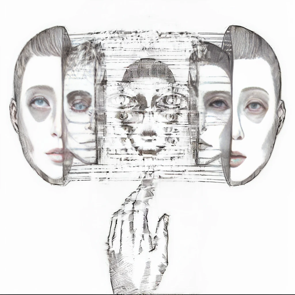 a drawing of a hand touching a drawing of a face, with multiple eyes, symmetrical portrait science fiction, be transparent holographic, multiple eyes, sketch of a lucid dream, Symmetrical illustration of faces, symmetrical face concept art, multiple perspectives, surreal drawing, multiple faces, by Junji Ito, cyber faces, many eyes in the head