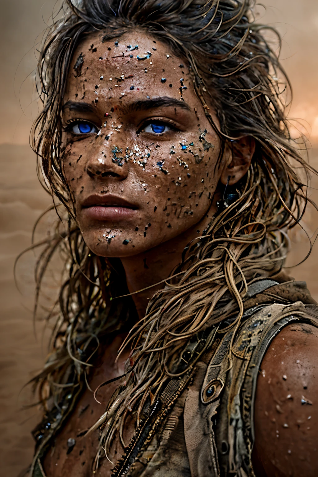 beautiful woman in sandstorm, post-apocalyptic, extremely detailed face, mesmerizing eyes, flowing hair, detailed texture of skin, dramatic lighting, cinematic atmosphere, photorealistic, highly detailed, 8k, masterpiece, concept art, dystopian future, cinematic composition, dramatic mood, vivid colors, realistic rendering
