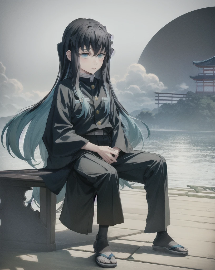 masterpiece, best quality, 1boy, muichiro,long hair, black hair, aqua hair, bangs,  multicolored hair, sidelocks, long sleeves, aqua eyes, demon slayer uniform, pants, sitting, dark, moon, night, profil, view from far, old japanse architecture, ultra high quality 