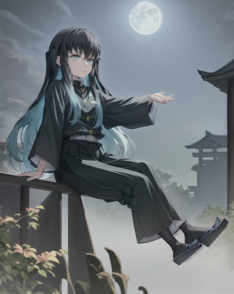 masterpiece, best quality, 1boy, muichiro,long hair, black hair, aqua hair, bangs, multicolored hair, sidelocks, long sleeves, aqua eyes, demon slayer uniform, pants, sitting, dark, moon, night, profil, view from far, old japanse architecture, ultra high quality