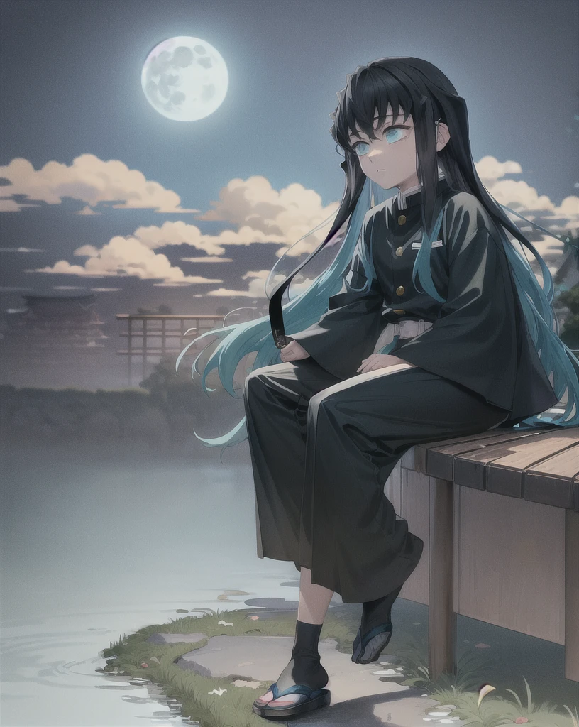 masterpiece, best quality, 1boy, muichiro,long hair, black hair, aqua hair, bangs,  multicolored hair, sidelocks, long sleeves, aqua eyes, demon slayer uniform, pants, sitting, dark, moon, night, profil, view from far, old japanse architecture, ultra high quality 