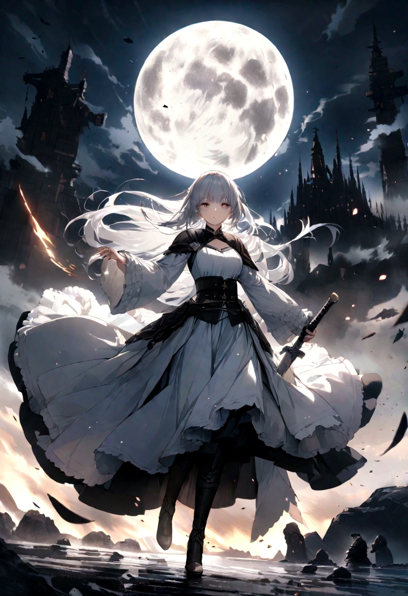 Fantasyで大きく光り輝く満月, Very big full moon、 A powerful battle scene featuring a woman with long silver hair、sword, hatred、Fantasy、masterpiece, Highest quality, night, ,A moving scene from a famous work , Imagination、Narrative、Impressive work、Fantasyな満月と雲のコラボレーション、4ｋ、beautiful、非常にbeautiful、beautifulことが一番