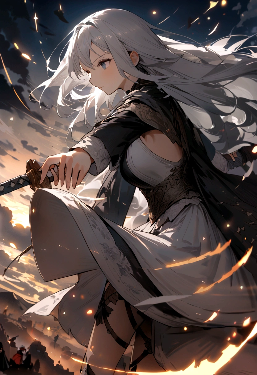 Fantasyで大きく光り輝く満月, Very big full moon、 A powerful battle scene featuring a woman with long silver hair、sword, hatred、Fantasy、masterpiece, Highest quality, night, ,A moving scene from a famous work , Imagination、Narrative、Impressive work、Fantasyな満月と雲のコラボレーション、4k、beautiful、非常にbeautiful、beautifulことが一番