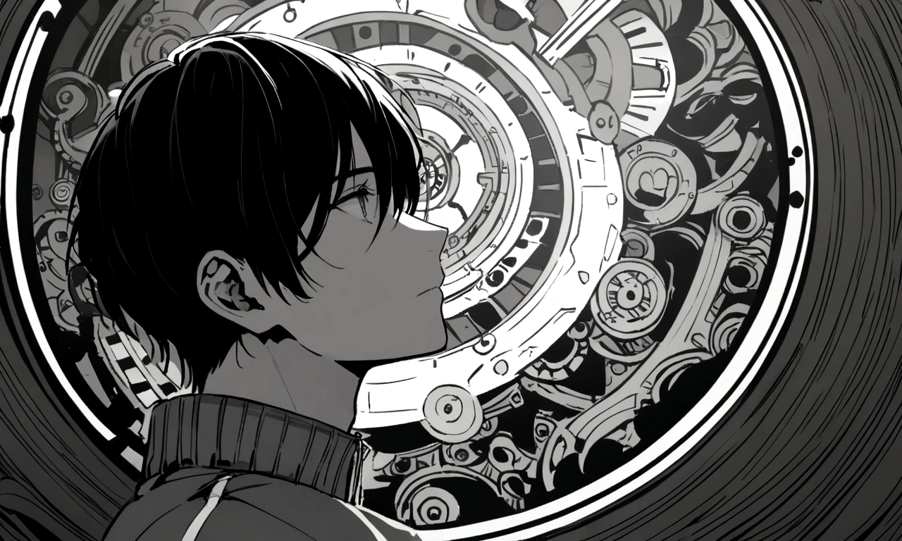 black and white drawing, giant clockwork background, human, 26 year old male, black neat hair, a lonely face, wearing gray tracksuit, rise above the clock hands.