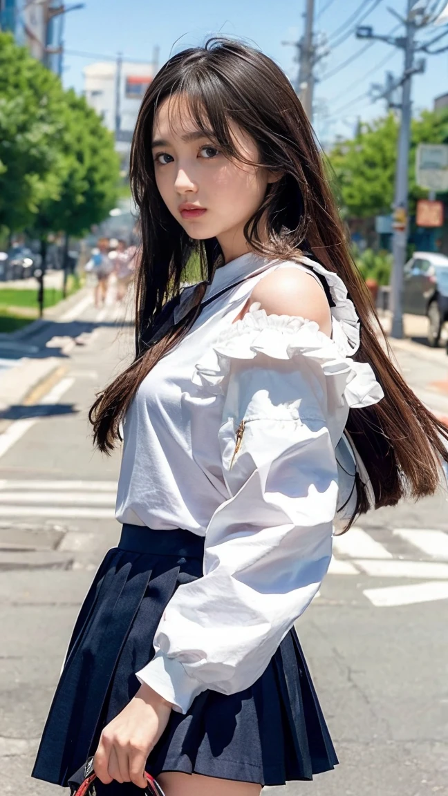 1 21-year-old girl, gold wavy medium long hair, blue eyes, wearing mid-drift sky-blue spaghetti top, white short ruffles skirt, cyberpunk city alley evening, sitting on hood of 2007 pink Subaru WRX, high res, ultrasharp, 8K, masterpiece, looking at viewer