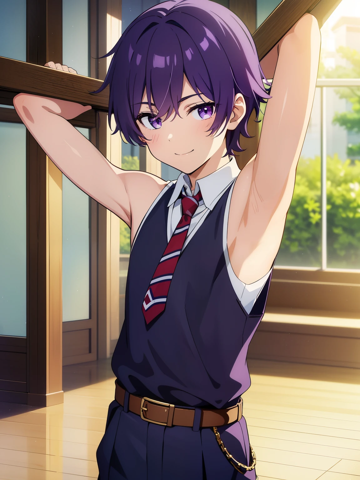 Highres, Masterpiece, Best quality at best,Best Quality,hight quality, hight detailed, Anime style, 1boy, Shota, young boy, Solo person, smile, Violet hair, messy hair, school, Sleeveless uniform, Bare shoulder, Tie, Seen from the front, look at viewer, upper body, belt, Such a cute smooth armpit, showing armpit, Cute armpit, Boy cutely shows his armpit, The armpits of a *********** boy, Adorable little armpits, (very young boy), (very small and short body), **-****-*** boys, uhd, blurry beckground