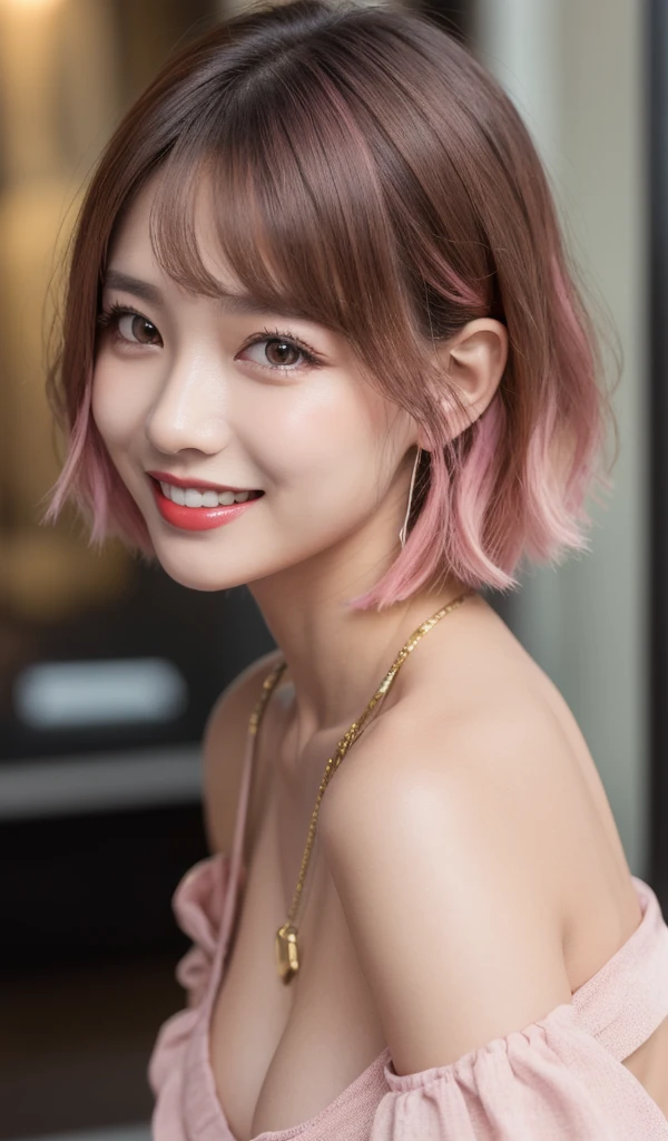 1 girl, 19 years old, south korean, 4k, masterpiece, realistic, frekles under eyes, short whavy pink hair, bob hair-cut, shining pink eyes, red lips, red eyeliners, massively large breast, off shoulder pink dress, discovered breast, tattoo in the neck, gold necklase, tilted head, happy, big smile, perfect teeth, multiple of frekles under eyes, detailed face, facing camera.