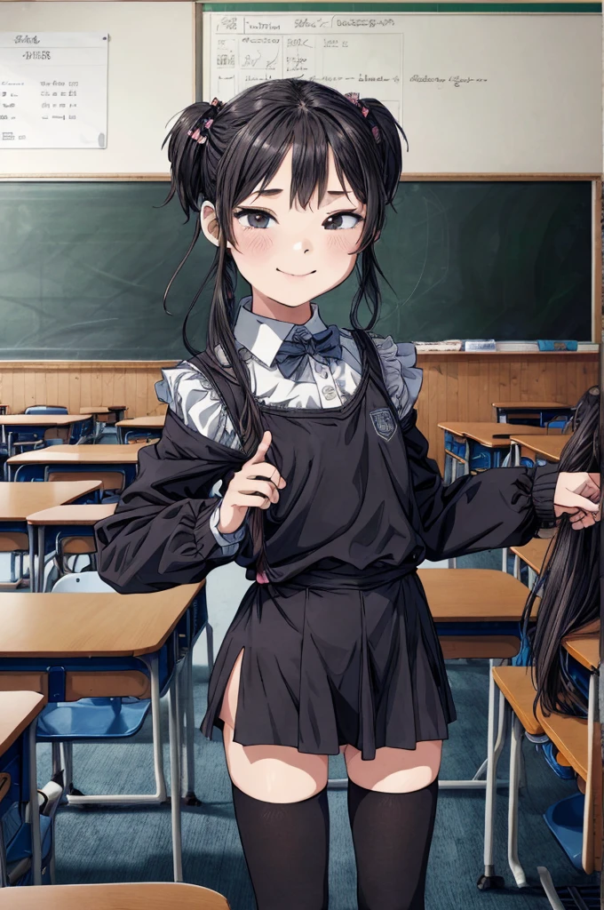 best quality, masterpiece, detailed,2d,flat color, 1girl,,petit,,classroom,,thighhighs,