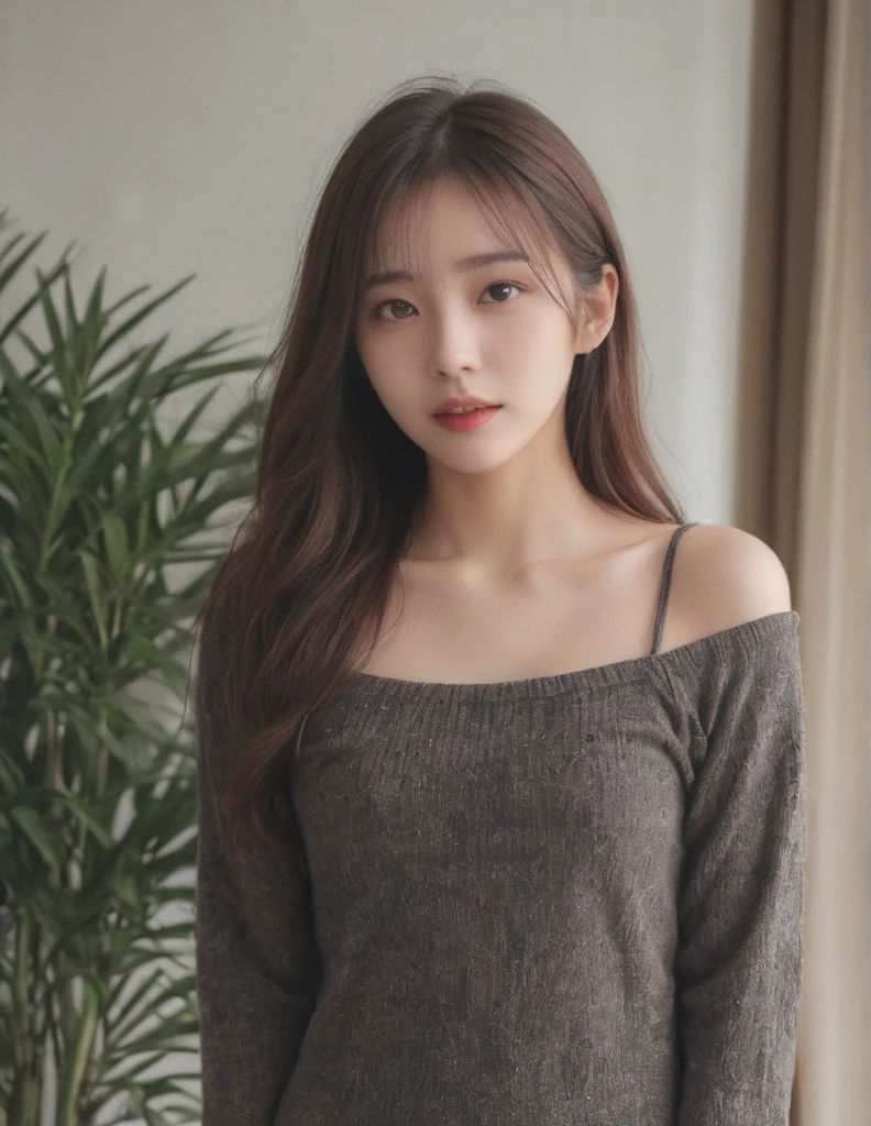 A grown woman, late twenties age, standing up, beautiful, sexy loose fitting nightlife dress, cozy lighting, cozy background, eye-level camera angle,