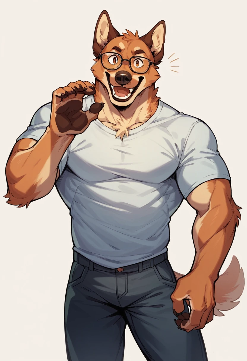 solo, pubraseer, furry german sheperd dog, muscular body, handsome, Smiling, mouth open, holding glassess, cool pose, casual shirt, casual pants.
