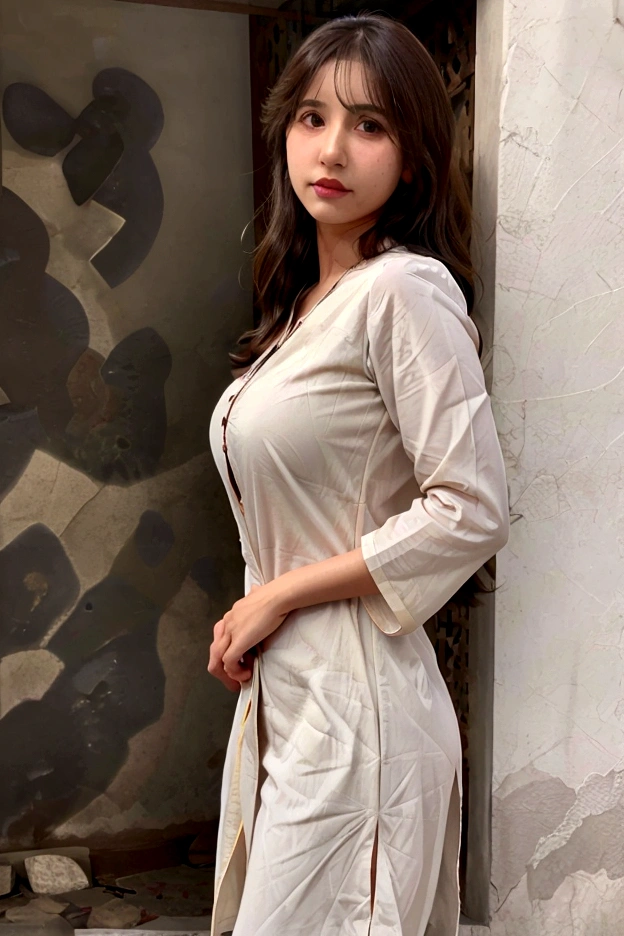 ((best quality)), ((masterpiece)), (detailed), Beautiful indian bhabhi , hot kurti,
Deep cleavage , pose , standing , side view , naughty facial expression , before and after , cute dimple , hot , real image , 3d