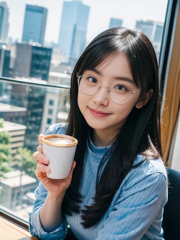 (RAW Photos, Highest quality), (Glasses), masterpiece, Natural light, 1 Girl, Smooth Hair、office, desk, casual, work, smart, professional, Coffee cup, deskランプ, City Window, sunlight, Natural light, modern, Minimal, head shot