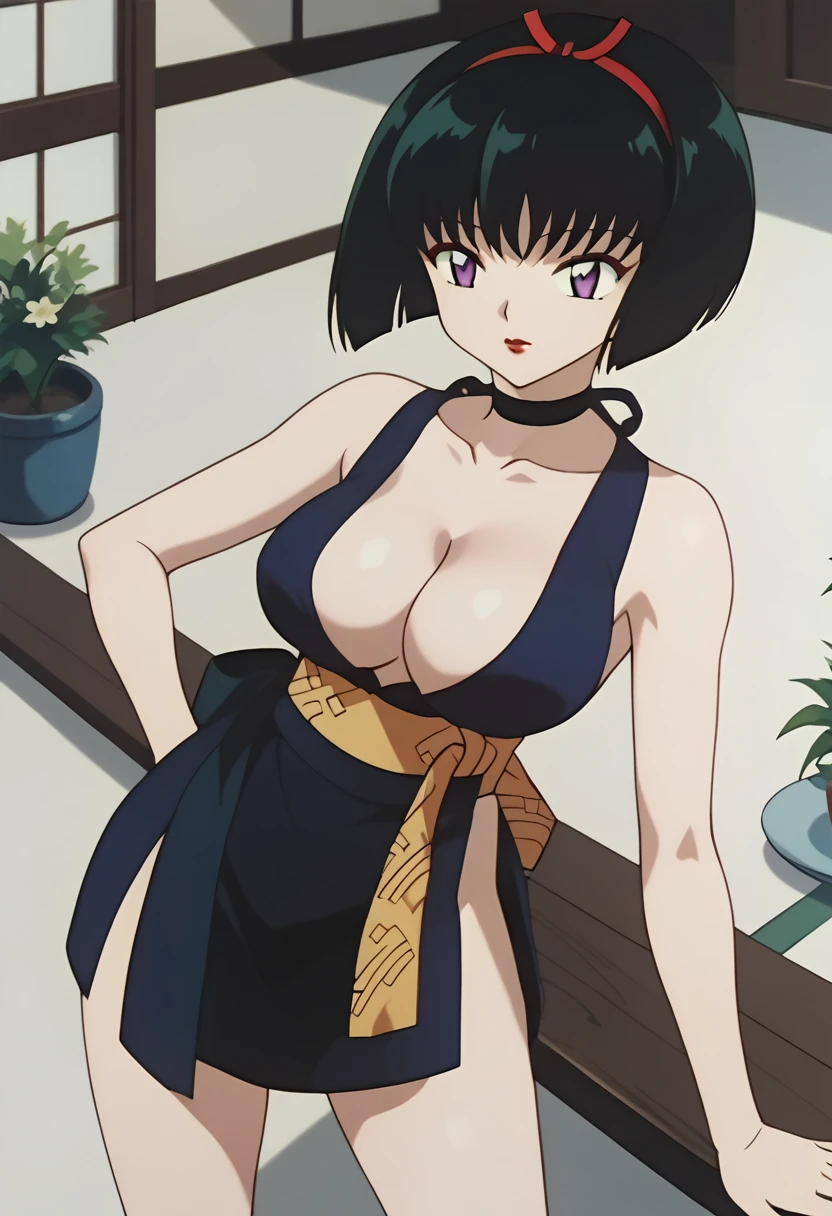 score_9, score_8_up, score_7_up, source_anime, best quality, masterpiece, rating_explicit, uncensored, anime screencap, BREAK, SAKASAGAMINOYURA, 1GIRL, large breasts, cleavage, BLACK HAIR, HAIR BAND, BOB_CUT, PURPLE EYES, CHOKER, SLEEVELESS, SHORT KIMONO, red lip