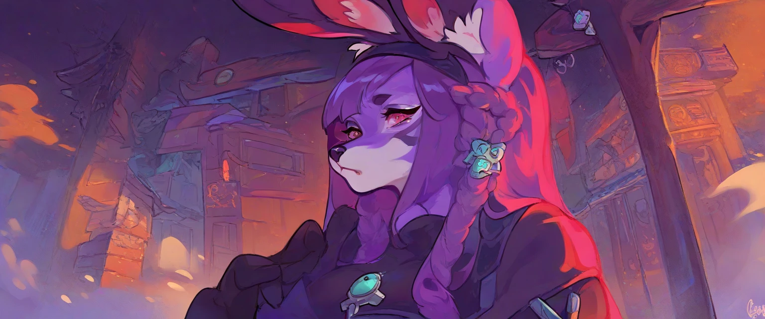 Character ,1  women, furry, Antro, fox, antropomorfic , pink eyes, blep, coffeesoda art style, e621, Fantazy adventurer, purple fox femboy, black boddy, purple hair, long hair, purple fur, bunny ears,purple clothing , ( ( character concept art ) ), official character art,arknights, sage ( valorant ), gestyle, character artwork