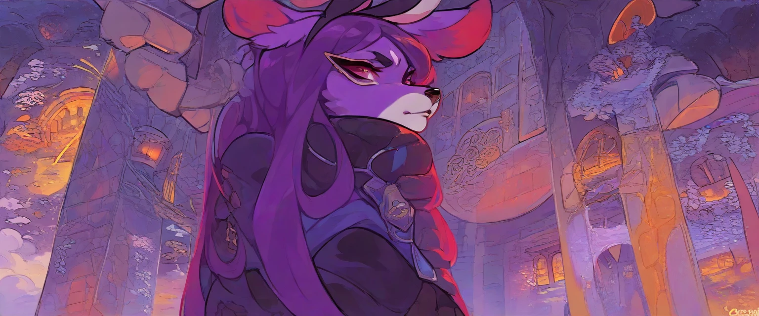 Character ,1  women, furry, Antro, fox, antropomorfic , pink eyes, blep, coffeesoda art style, e621, Fantazy adventurer, purple fox femboy, black boddy, purple hair, long hair, purple fur, bunny ears,purple clothing , ( ( character concept art ) ), official character art,arknights, sage ( valorant ), gestyle, character artwork