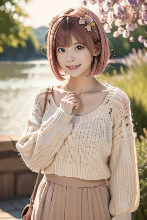 Sara, (8K, Photorealistic, Top Quality, Ultra High Resolution, Masterpiece, Raw Photo, Bright Lighting, Face Light, Smooth Professional Lighting, Japan Girl, Kids, Super Cute, Realistic Skin, Moisturized Skin, Perfect Model Body Shape, Bright Smile Showing Teeth, Camera Gaze, Big Eyes), pink hair, short hair, yellow knitted sweater, skirt, flower bed with sea view