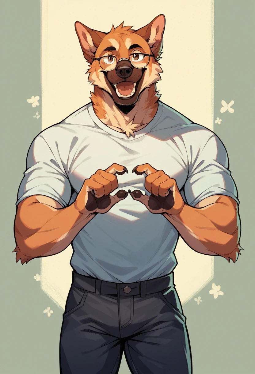 solo, pubraseer, furry german sheperd dog, muscular body, handsome, Smiling, mouth open, holding glassess, cool pose, casual shirt, casual pants.